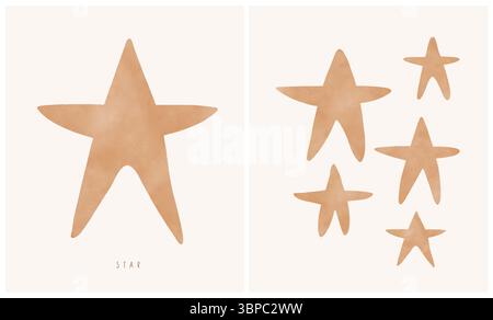 Einfache Skandinavische Vektor-Illustration Von Sternen. Kinderzimmer-Kunst mit geschlechtsneutralen Farbsternen auf beigefarbenem Hintergrund. Kinderzimmer-Dekoration. Stock Vektor