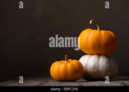 Mini-Kürbisse in weiß- und Orangetönen ruhen auf rustikalem Holz vor warmbraunem Hintergrund. Dekoratives Herbstdesign mit Baby-Buh-Kürbis in weichem, saisonalem Licht Stockfoto