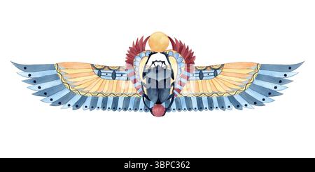 Karabinkäfer mit Flügeln ägyptisches Symbol, Religionssymbol. Antike Ornamente im ägyptischen Stil. Isolierte Illustration mit Wasserfarben. Kulturkonzept für Textil Stockfoto
