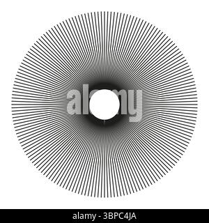 Radiale Kreislinien. Kreisförmiges Linienelement, Form. Speichen mit strahlenden Streifen. Symbol der Sonnensterne. Flaches Designelement. Abstrakte Illusion Stock Vektor