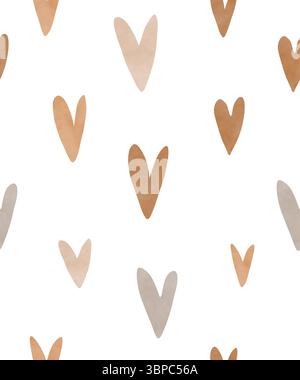 Kindermotiv Mit Braunen, Beigefarbenen Und Grauen Herzen. Unregelmäßiges Nahtloses Vektormuster Mit Hand Gezeichneten Herzen Auf Weiß. Romantisches Hintergrundbild. Stock Vektor