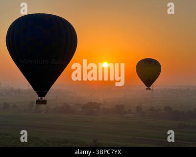 Heißluftballons, die bei Sonnenaufgang über den Feldern in der Nähe von Luxor, Ägypten. Stockfoto