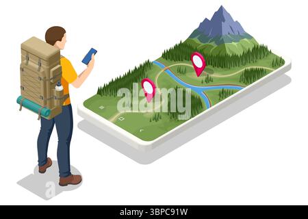 Wanderer mit Rucksäcken auf einer 3D-Wanderkarte mit Wanderwegen, Flüssen, Fahnen und Bergen. Abenteuer-, Trekking- und Outdoor-Navigationskonzept in Stock Vektor