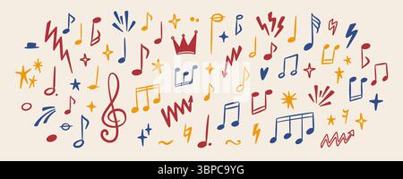 Handgezeichneter Hintergrund für Notennotizen. Illustration des Skizzenvektors. Sound, Magie, Burst-Manga-Effekt. Klassische Musik, Rockfestival, Punk-Konzertpost Stock Vektor