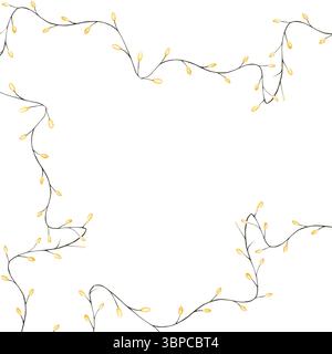 Weihnachtsrahmen mit Girlande mit goldenen Laternen. Elektrische Lichterkette für Feiertage, handgemalte Aquarellillustration isoliert auf Hintergrund. Für Stockfoto