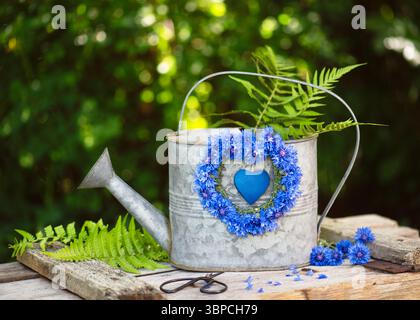 Wunderschönes Natursommerdekor mit handgefertigtem Kranz aus frischen tiefblauen Kornblumen (Centaurea Cyanus) und hölzernem Herz hängt an alter Metallgießkanne. Stockfoto