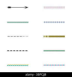 Schwarze Pfeilspitze. Gestrichelte Linien in Rot. Gemischte lineare Begrenzungen. Auffällige, saubere Dekorationen. Stock Vektor