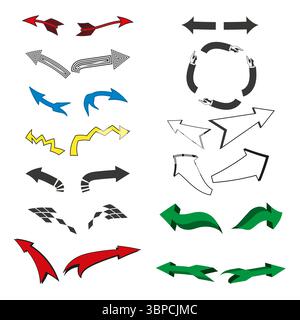Mehrfarbige Pfeilsymbole. Richtungsvektorsymbol. Verschiedene Formen. Schwarzer Hintergrund. Stock Vektor