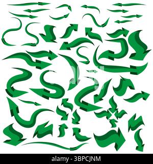 Kurvige grüne Pfeile. Fließende Formen. Wellenförmige Bewegungsdesigns. Sammlung der Richtungspfeile. Stock Vektor