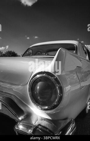 Rücklicht und Heckkotflügel eines Ford Thunderbird Oldtimers aus den 1950er Jahren in Schwarz-weiß Stockfoto