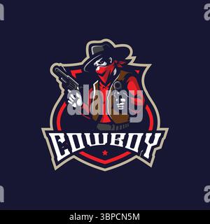 Cowboy Maskottchen Logo Design Vektor mit modernem Illustrationskonzept Stil für Abzeichen, Emblem und T-Shirt Druck. Cowboy-Illustration mit Waffen in der Hand. Stock Vektor