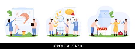 Nahrungsmittelallergie, Meeresfrüchte, Laktose- und Glutenunverträglichkeit Set. Winzige Leute studieren Plakate von Produkten, die Allergiesymptome verursachen, Warnung von Garnelen, Brot und Milch Gefahren Cartoon Vektor Illustration Stock Vektor