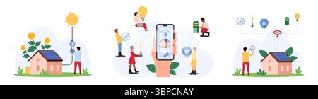 Investition in ein intelligentes Zuhause der Zukunft, Steuerung des IoT-Services über mobile Apps. Winzige Leute halten Batterie und Glühbirne, Schloss und Schild für automatische Netzwerkorganisation Cartoonvektorillustration Stock Vektor