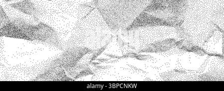 Schwarze, zerknitterte Papierstruktur. Hintergrund mit gepunktetem Falteneffekt. Schmutzige, gefaltete Papierblattüberlagerung. Veraltete, beschädigte Oberfläche. Notizbuchseite mit lautem Korn. Vektor-Hintergrundbild Stock Vektor