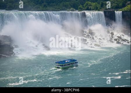 Ein Boot der Maid of the Mist mit blauen Poncho-bekleideten Passagieren segelt den Niagara River hinauf in Richtung Horseshoe Falls, vorbei an den Wasserfällen auf der US-Seite. Stockfoto