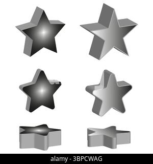 Schattierte Sternsymbole. Metallische Würfelformen. Graustufenvolumenvektor. Einfacher Formularsatz. Stock Vektor