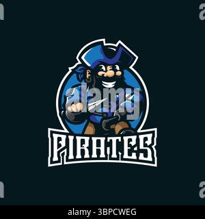 Piraten-Maskottchen-Logodesign mit modernem Illustrationskonzept für Abzeichen, Embleme und T-Shirts. Illustration der intelligenten Piraten. Stock Vektor