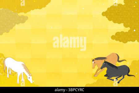 Elegante Pferde, die zusammen ruhen und grasen auf goldenem japanischem Wolkenmuster Hintergrund, traditionelle und luxuriöse Silvester Stil Illustration, Vektor Stock Vektor