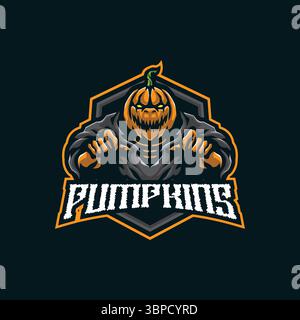 Kürbis Maskottchen Logo Design Vektor mit modernem Illustrationskonzept Stil für Abzeichen, Emblem und T-Shirt Druck. Illustration des wütenden Kürbis. Stock Vektor