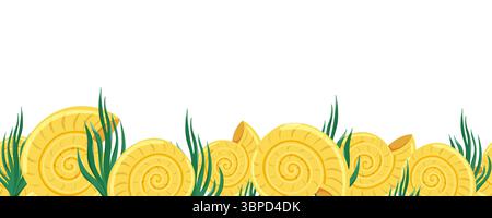 Nahtloser Rand mit gelben Muscheln und grünem Algen am Boden Stock Vektor