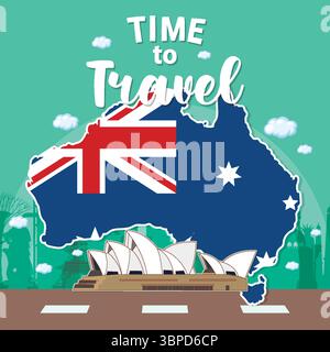Vektor-Illustration von Australien mit Flagge und berühmten Wahrzeichen. Kräftige Farben und klare Linien sorgen für ein lebendiges Reisemotiv Stock Vektor
