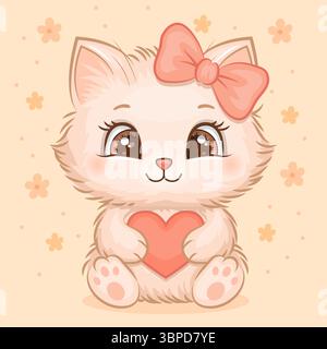 Entzückende flauschige Cartoon Cat-Figur mit Haarschleife und rotem Herz. Vektorillustration des Tieres auf gelbem Hintergrund mit Blumen. Stock Vektor