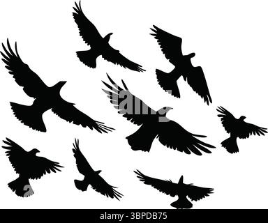 Schwarzer Vogel Silhouetten Vektor, Flying Crow Raven Clipart, isolierte Wildlife Art, Herde im Flug, Natur Tier Illustration, abstrakte Flügel Design, Stock Vektor