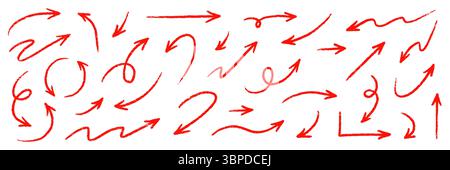 Pfeil rot handgeschriebener Skizzenvektor. Handgezeichneter Bleistiftmarker Kritzelpfeil Set Pinsellinie, Curved Direction Pen Style. Großer dicker, rauer künstlerischer Strich für rote Clipart. Vektorabbildung Stock Vektor