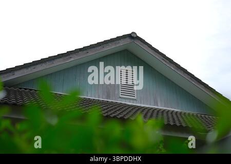 Rustikaler Hüttengiebel auf dem Land mit verwittertem blauem Abstellgleis, Lüftungsschlitzen und strukturierten Dachziegeln, eingerahmt von sanftem grünem Laub. Stockfoto