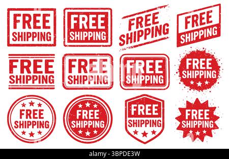 Kostenloser Versand Stempelvektorsatz. Kostenloser Versand Rubber Stamp Design Kollektion. Grunge Stempelpackung gratis Versand. Dichtung versandfrei. Vektorabbildung Stock Vektor