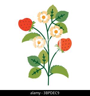Erdbeerbusch mit Blumen, Blättern und Beeren. Bunte kindliche Pflanze mit niedlichen Linienskizzen von Zweigen isoliert auf weißem Hintergrund. Natur Stock Vektor
