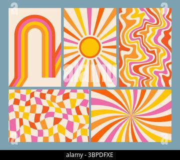 Retro-Muster und groovige Hintergründe. Abstraktes psychedelisches Vektordesign. Die Vintage-Grafik der 70er-Jahre lässt sich mit einer gewellten und wirbelnden Grafik ausstatten Lustige Sommerillustrationen mit Schachbrettmuster Stock Vektor