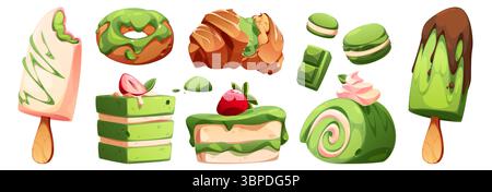 Matcha Dessert Set – Kuchen mit Grüntee, Donuts, Croissants, Macarons, Eis und Schokoladentafeln mit Erdbeerbelag. Japanische Süßigkeiten für Bäckereimenüs, Süßwarenspiele. Stock Vektor