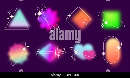 Y2K-Verlaufsform mit leuchtenden Unschärfeeffekten – Dreieck und Diamant, Blume und Herz, Quadrat und abgerundetes Rechteck. Neonfarbene geometrische Elemente mit Glitzern für futuristische Retro-Designs. Stock Vektor