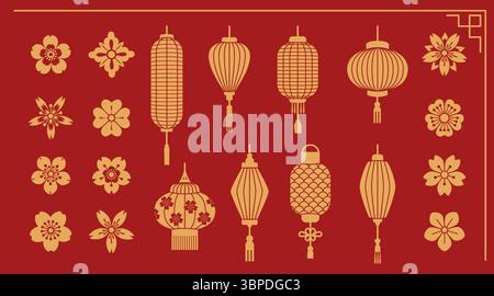 Goldene chinesische Laternen mit japanischen Blumen auf rotem Hintergrund - traditionelle Papierlaternen mit Quasten, orientalische Blüten für das Mondneujahr, Frühlingsfestdekorationen oder asiatische Kulturveranstaltungen Stock Vektor