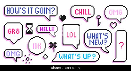 Set mit Retro-Pixel-Sprechblasen – verschiedene Chatboxen mit Textnachrichten, Emoticons wie Herzen, Sanduhr, Fragezeichen für Spieloberflächen, Online-Messaging-Apps oder Sticker-Packs für soziale Medien. Stock Vektor