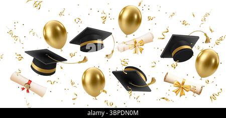 3D fliegende Diplomrolle und Graduiertenhut-Poster Stock Vektor