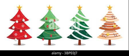 Farbenfrohes Clipart-Set für Weihnachtsbäume. Farbenfrohe Clipart-Kollektion mit flachen Weihnachtsbaumsymbolen mit Sternen, Weihnachtsbällen und Zuckerrohr mit bedrucktem Streifen Stock Vektor