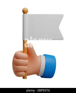 Hand mit leerem weißen Flag minimalistisches 3D-Rendering in einem weichen und glatten Renderer Stockfoto
