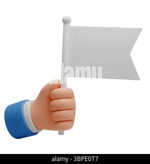 Hand mit leerem weißen Flag minimalistisches 3D-Rendering in einem weichen und glatten Renderer Stockfoto
