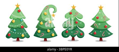 Flaches Clipart-Set mit Weihnachtsbaum. Clip-Art-Kollektion mit grünen Elementen für Weihnachtsbäume mit bunten Weihnachtsbällen, Zuckerrohr und gelben Sternen für Dezember Stock Vektor