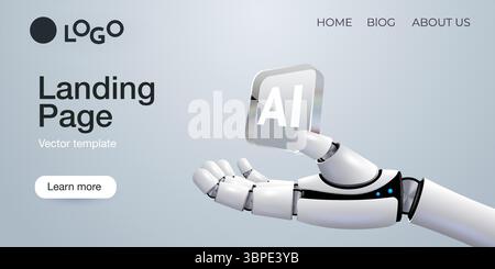 Webbanner mit Roboter-Handheld-Prozessor, Technologie, maschinelles Lernen, neuronales Netzwerk, Künstliche Intelligenz, AI. Vektor-Landingpage Stock Vektor