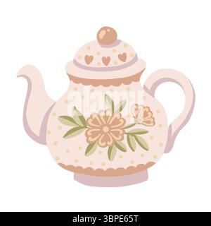 Teekanne aus Keramik mit Blumen- und Punktmuster im niedlichen Cartoon-Stil. Hand gezeichnete Vektorillustration in beiger Farbe. Ideal für das Design von Küchenkarten Stock Vektor