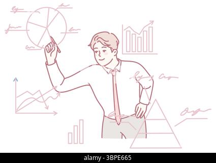 Ein erfahrener Experte, der Markttrends mithilfe von Diagrammen, Kreisdiagrammen und effektiver Datenvisualisierung analysiert Stock Vektor