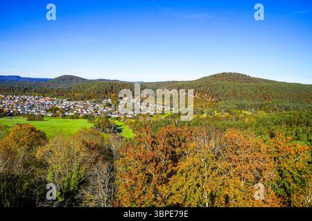 Blick vom Burgmassiv Altdahn auf die umliegende Landschaft mit grünen Wäldern. Natur auf dem mittelalterlichen Felsenschloss in der Pfalz. Stockfoto