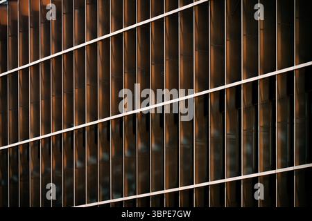Moderne Gebäudefassade mit sich wiederholenden vertikalen Fenstern, die von warmem Sonnenlicht beleuchtet werden und starken geometrischen Kontrast und Rhythmus erzeugen Stockfoto