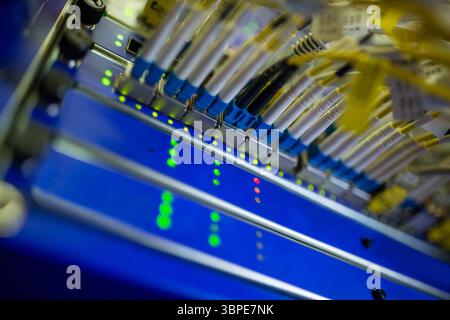 Das im Rack montierte LWL-Patchpanel wird flach mit blau gelben Kabeln und leuchtenden LEDs dargestellt Stockfoto