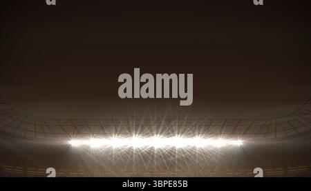 Helle Stadion-Flutlichter beleuchten Metalldachträger und Sitzreihen in flachem Design Stockfoto