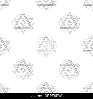 Nahtloses Muster mit handgezeichnetem geometrischem Dreiecksymbol und gepunkteten Linien. Linienart auf weißem Hintergrund. Ideal für digitale Projekte, Verpackungen, Tapeten oder mystische Designthemen. Stockfoto