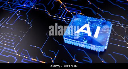 Der KI-Chip von Crystal glänzt auf elektronischem Hintergrund und repräsentiert eine neue Welle digitaler Innovationen, Big Data, intelligentes Cloud-Computing und futuristisches 3D-Rendering Stockfoto